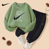 NIKE耐克男童套装纯棉透气春季2026新款女童运动两件套儿童卫衣卫裤 深橄榄色【春秋款不加绒】 【100%纯棉】 140 /S 【建议身高128-140cm】
