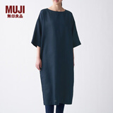 无印良品 MUJI 女式 法国亚麻水洗 七分袖连衣裙 412688 BCL06C1S 深藏青色 XL