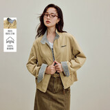 茵曼撞色格纹立领纯棉刺绣外套2025秋女装新款夹克上衣 卡其色 S