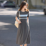 熙世界（sllsky）航海系撞色条纹连衣裙 裙子女夏季2025新款女装休闲显瘦收腰夏装 暗灰色 S