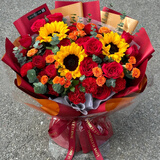 插画鲜花速递向日葵玫瑰混搭花束送女友老婆生日礼物全国同城配送 3朵向日葵玫瑰康乃馨混搭花束