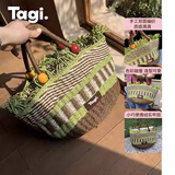 Tagi.木头果子编织手提手工野餐包串珠度假包草编休闲大容量收纳女包 绿野苹果