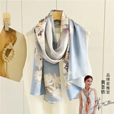 达芬奇密码真丝丝巾女秋冬高档桑蚕丝绸披肩围巾丝巾妈妈生日礼物女 丝韵百合 蓝紫