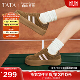 他她（TATA）加绒复古板鞋女平底德训鞋女款休闲鞋女鞋春秋新款W9B01AM4 啡/粉 37