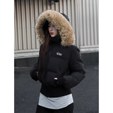 鲁雅尔美式秋冬季短款毛领羽绒棉服女收腰显瘦高级感棉衣小个子棉袄外套 黑色 M