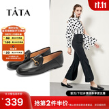 他她（TATA）方头乐福鞋女休闲平底一脚蹬小皮鞋女单鞋春秋款FLC22AM4 黑色 37