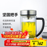希诺（HEENOOR）双层玻璃杯男士耐热防烫带把带手柄商务办公玻璃水杯过滤茶杯子 小熊杯盖-双层带滤网435ml