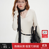 范思蓝恩秋季V领套头百搭长袖针织T恤女秋季2024新款通勤修身针织衫上衣 奶杏色 M