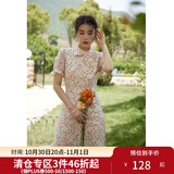 独束大码女装镂空绣花改良旗袍女夏季新款胖mm复古气质连衣裙 白底红花碎花裙 L （尺码：2）