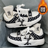 归蓝字母加绒厚底保暖休闲鞋子男女款冬季情侣面包增高老爹运动板潮鞋 白黑【单里款】 42