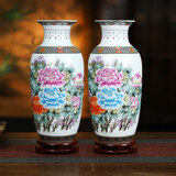 收藏天下景德镇陶瓷器仿古粉彩花瓶客厅摆件酒柜玄关博古架电视柜瓷瓶摆设 花开富贵松子瓶对瓶+底座37cm