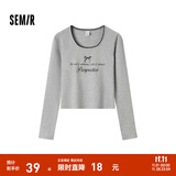 森马（Semir）【甜心女高】长袖t恤女短款紧身蕾丝花边上衣24新款甜美印花外穿 浅花灰00202 S