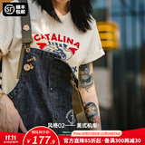 马登女装 美式复古重磅连体工装裤休闲直筒阔腿长裤宽松牛仔背带裤 牛仔蓝 （版型偏大，建议拍小一码） S