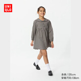 优衣库童装女童格子连衣裙/长袖娃娃领裙子478205 09 黑色 140