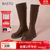 百思图冬英伦显瘦骑士靴加绒女小个子长筒靴棉鞋MD552DG3 棕色 38