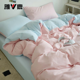 雅鹿床上四件套磨毛床单被套单人学生宿舍被罩床笠全套水洗棉床品套件 桃粉浅蓝 1.8m 床单款 四件套-被套180*220cm
