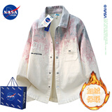 NASADKGM官方牛仔外套男秋冬季新款渐变色翻领加绒夹克外套痞帅高级感衬衫 粉色加绒 加绒 L （建议120-140斤）