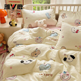 雅鹿100%纯棉床上四件套裸睡床单被套双人家用床笠被罩学生宿舍三件套 爱心小猫【100纯棉 适合裸睡】 1.5m 床单款 四件套-被套200*230cm