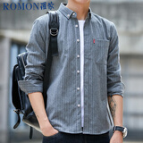 罗蒙（ROMON）条纹长袖衬衫男士韩版修身商务休闲百搭衬衣外套灰色L
