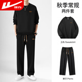 回力套装男秋季百搭两件套宽松裤子男圆领卫衣潮流休闲裤黑色2XL