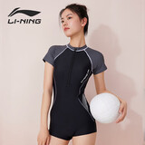 李宁（LI-NING）泳衣女专业连体平角游泳衣短袖速干保守泳装LNYT035 黑灰 XXL 