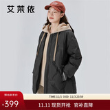 艾莱依羽绒服女假两件短款连帽宽松时尚保暖棒球服外套 炭黑160