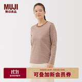 无印良品（MUJI）女式 天竺编织 长袖T恤上衣打底衫女款内搭女装 深咖啡色条纹 M (160/84A)