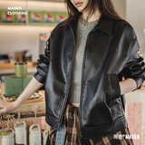 马登美式复古巴恩风荔枝纹黑色皮衣工装机车夹克外套上衣女士秋季 黑色 【黑色皮衣女酷飒风高级感翻领宽松皮革外套女式早春】 S 【卡码往小拍】 （80-100斤）