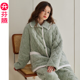 芬腾抗静电夹棉睡衣女冬季新款三层加厚加绒棉袄冬款珊瑚绒家居服套装