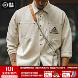 马登工装美式复古长袖衬衫男印第安图腾拼接口袋叠穿纯棉衬衣秋季 米白色 XL
