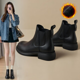 ZHR短靴女秋冬复古真牛皮通勤女靴舒适加绒切尔西靴 EH18A 黑色 38 