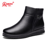 强人羊毛保暖女靴头层牛皮简冬季皮靴平底女棉靴 JDC111203 黑色 38