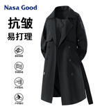 NASA GOOD中长款风衣男秋冬季防寒保暖宽松休闲双排扣腰带夹克外套 黑2XL