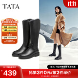 他她（TATA）黑色V口长筒靴女英伦加绒抗寒高筒靴骑士靴冬季G5JA1DG2 黑色（绒里） 36