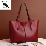 酷奇袋鼠2025新款托特包大容量拼接软皮女包简约休闲单肩包通勤百搭手提包 酒红色 有隔层