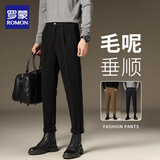 罗蒙（ROMON）秋冬毛呢裤男士宽松休闲裤保暖厚款百搭九分裤呢子西装长裤子 黑色长裤 32 【建议135-145斤】