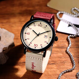 小米部依青少年学生手表男女初高中生考试专用复古工装帆布表带指针腕表 红白带 【日历款】