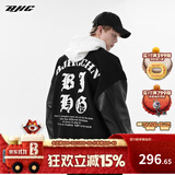 BJHG不计后果秋毛呢PU皮拼接夹克男女高街国潮宽松绣花棒球服休闲外套 黑色 XL  (140-160斤）