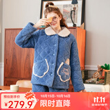 芬腾 睡衣女冬季夹棉三层加厚绒新款长袖开衫家居服套装 星空兰女 M