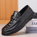 希驰春秋季男士鳄鱼纹豆豆鞋男休闲皮鞋男头层牛皮套脚驾车鞋真皮透气 纯黑色 41