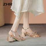 ZHR则则粗跟凉鞋女夏复古方头女鞋时尚细带水钻高跟鞋子女 BL161 香槟36