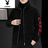 花花公子2022秋冬季新款男士外套加厚保暖羊羔绒夹克毛呢男装 黑色 XL _建议130-150斤