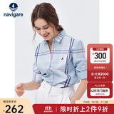 Navigare意大利小帆船女士长袖衬衫春秋季休闲格子衬衣莱赛尔高档寸衫 蔚蓝/白 M
