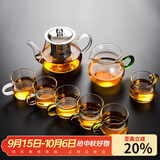 瓷牌茗茶具（cipaiming teaset） 透明玻璃茶具整套套装家用功夫茶壶茶杯会客泡茶器 透明八骏壶6彩把杯+绿柄公杯