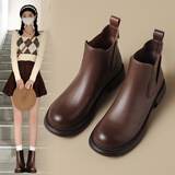 ZHR短靴女秋冬复古真牛皮通勤女靴舒适套脚切尔西靴女 EH18 棕色 37 