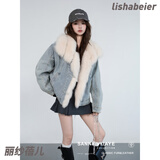 丽纱蓓儿狐狸毛牛仔皮草外套女晴空｜同款设计感短鹅绒派克服大衣三村村 浅色牛仔派克 M