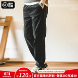马登工装美式复古灯芯绒束脚长裤松紧腰条绒滑板锥型直筒休闲裤子男秋 黑色 L
