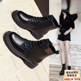 大东女士真软皮马丁靴女2025秋冬新款韩版百搭显瘦英伦单靴厚底平底短靴女 黑色加绒 37