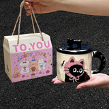 生日礼物女生可爱猫咪陶瓷马克杯带盖情侣水杯送闺蜜创意实用杯子 粉帽猫+可爱礼盒