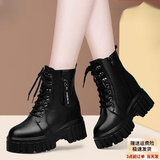 大东女士真软皮马丁靴2025新款秋冬单靴厚底内增高靴子加绒英伦风短靴子女 黑色加绒 36
